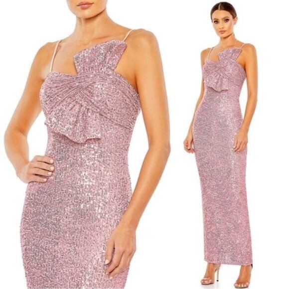 Mac Duggal Sequined Bow Column Raspberry Evening Gown Pink Size 10 NWT 11284 - Picture 1 of 6